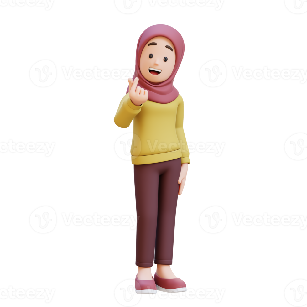 3D muslim girl character with hijab feels happy and romantic shapes heart gesture png