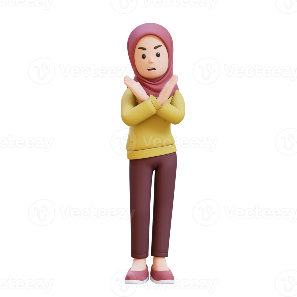 3D muslim girl character with hijab crossing hand showing stop refusal sign png