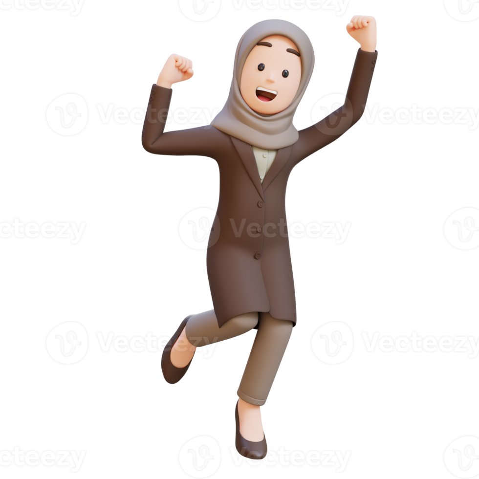 3D muslim business woman character is jumping up with happy and excited png