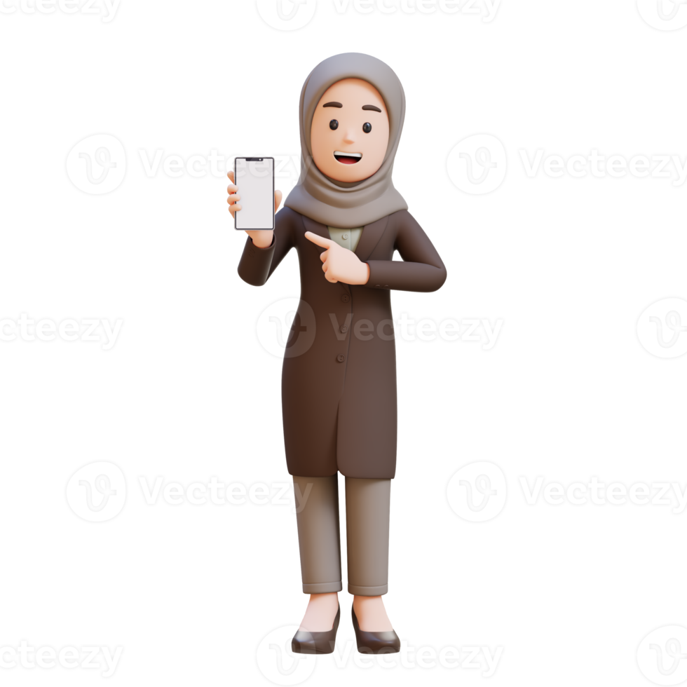 3D muslim business woman character holding a cell phone and pointing to it png