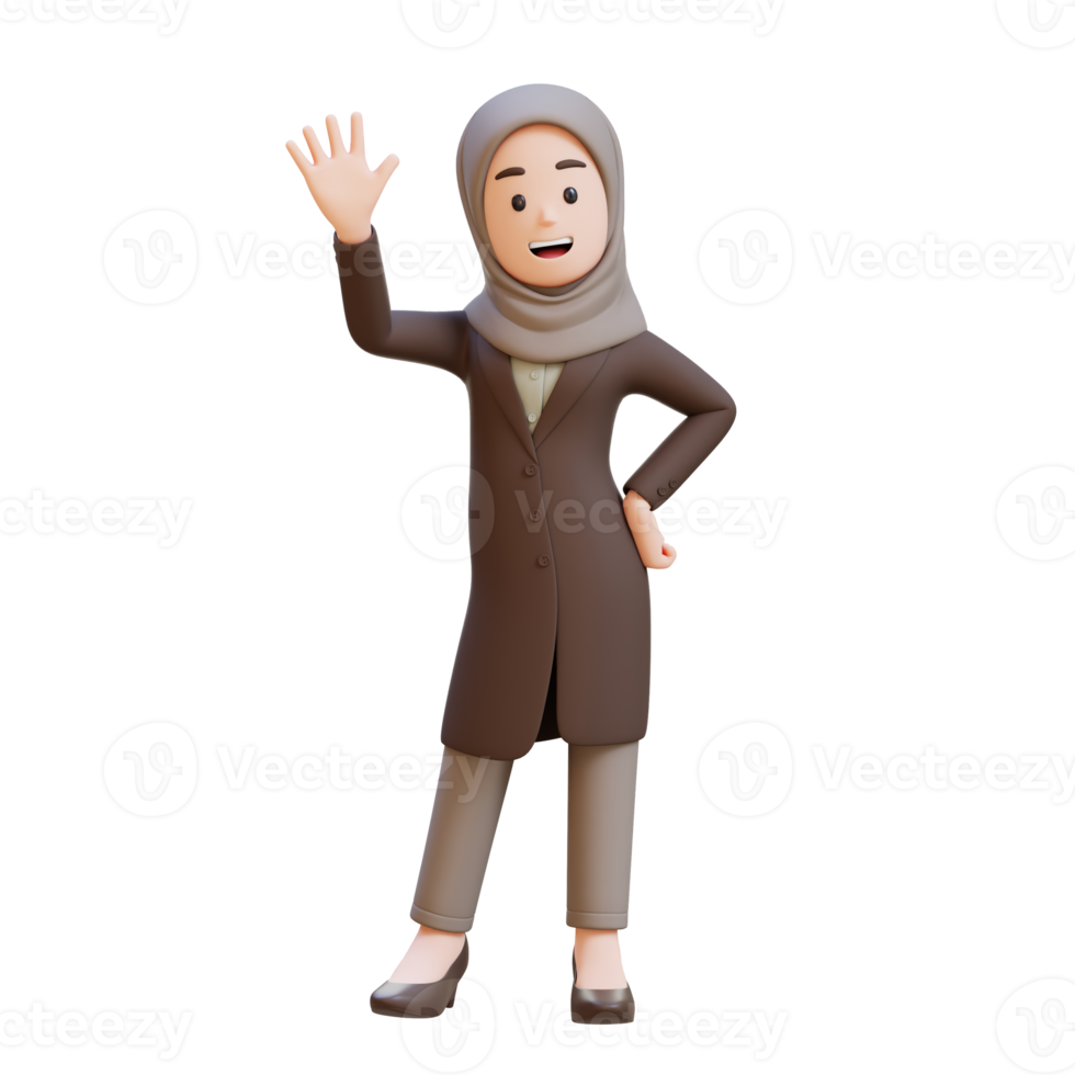3D muslim business woman character is waving saying hello png