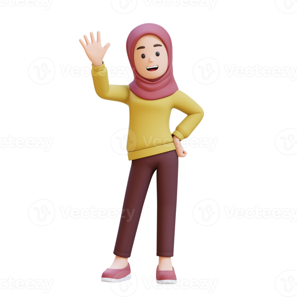 3D muslim girl character with hijab is waving saying hello png