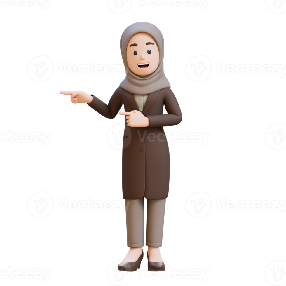 3D muslim business woman character is pointing to the right png
