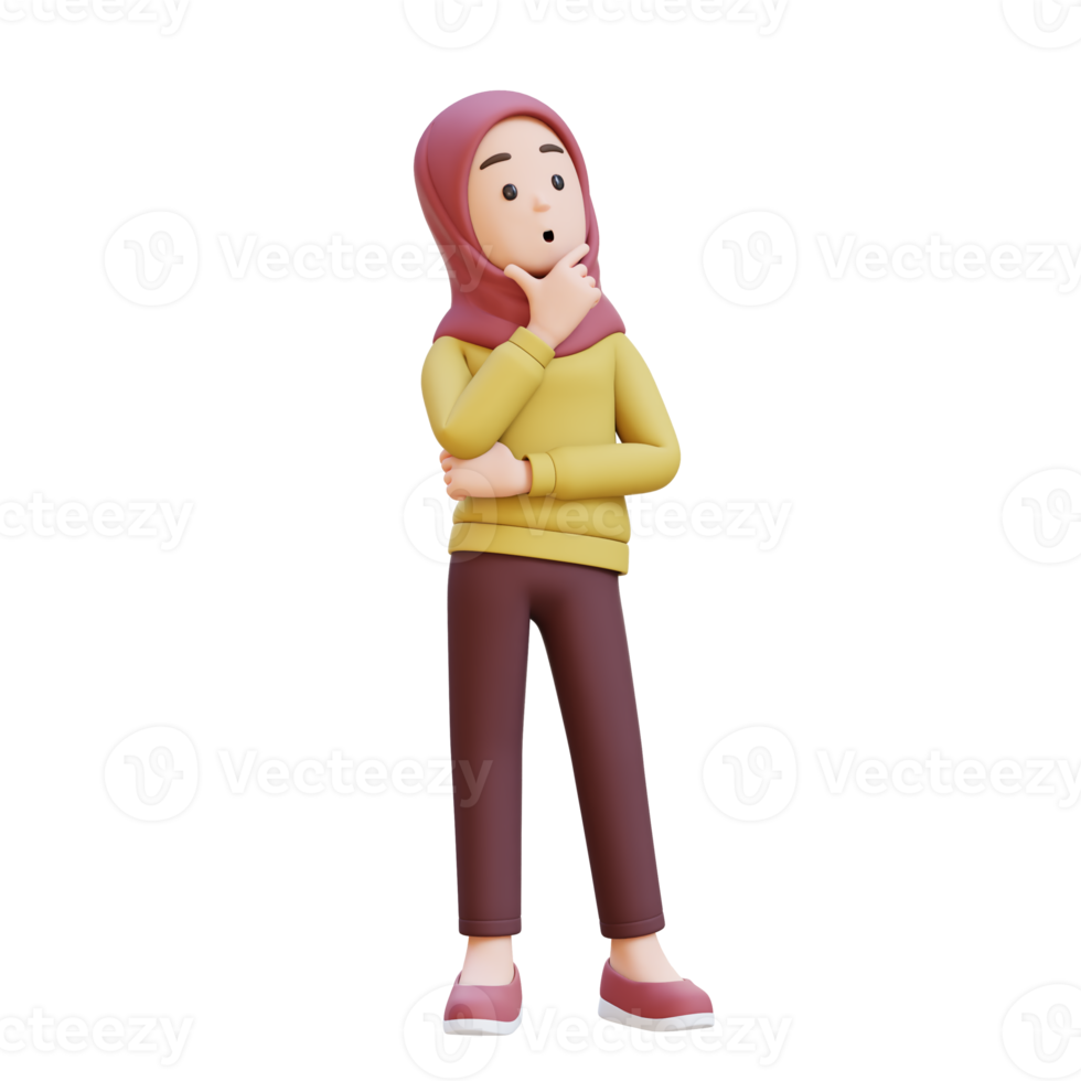 3D muslim girl character with hijab is thinking concept of contemplation and focus png