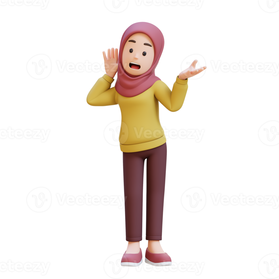 3D muslim girl character with hijab trying to hear you overhear listening intently png