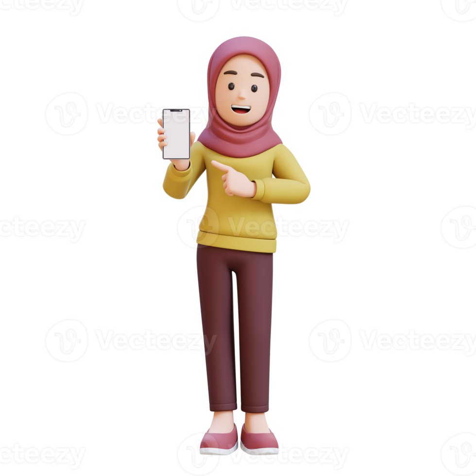 3D muslim girl character with hijab holding a cell phone and pointing to it png