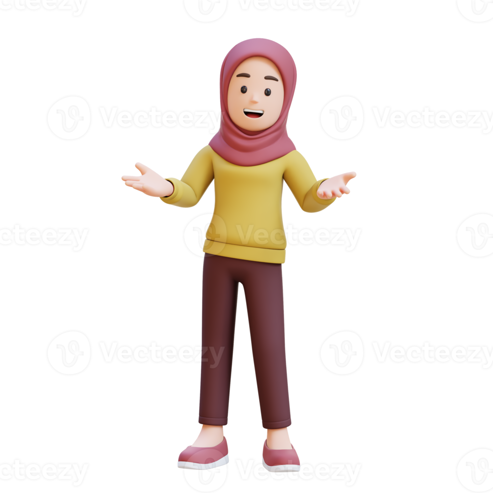 3D muslim girl character with hijab is standing with giving a presentation gesture png