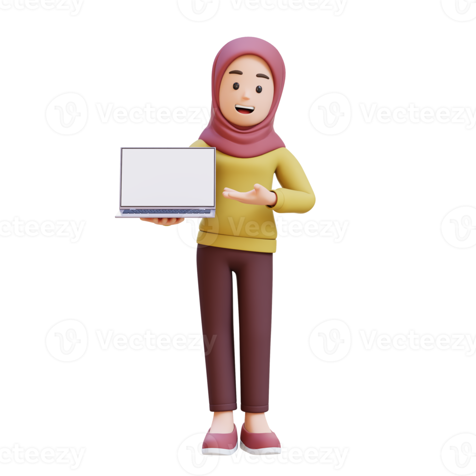 3D muslim girl character with hijab holding and presenting to a laptop with empty screen png