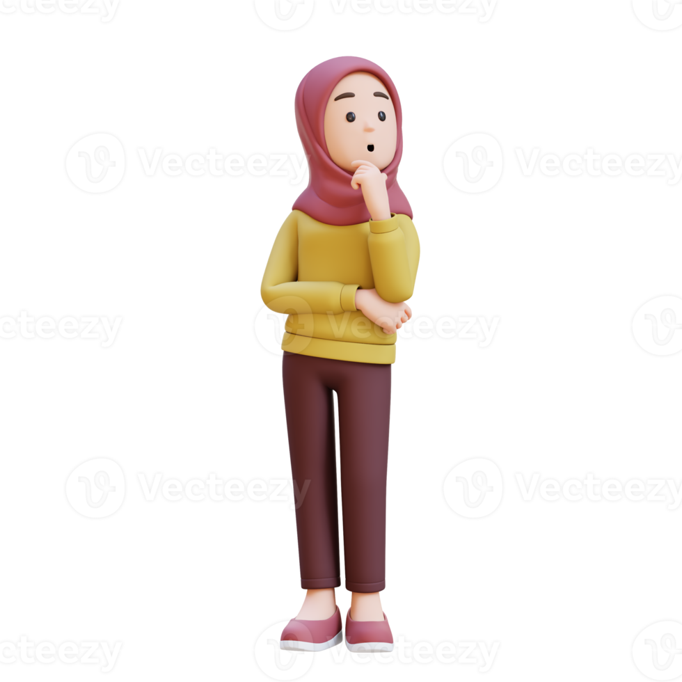 3D muslim girl character with hijab is thinking with her arms crossed and looking to up png