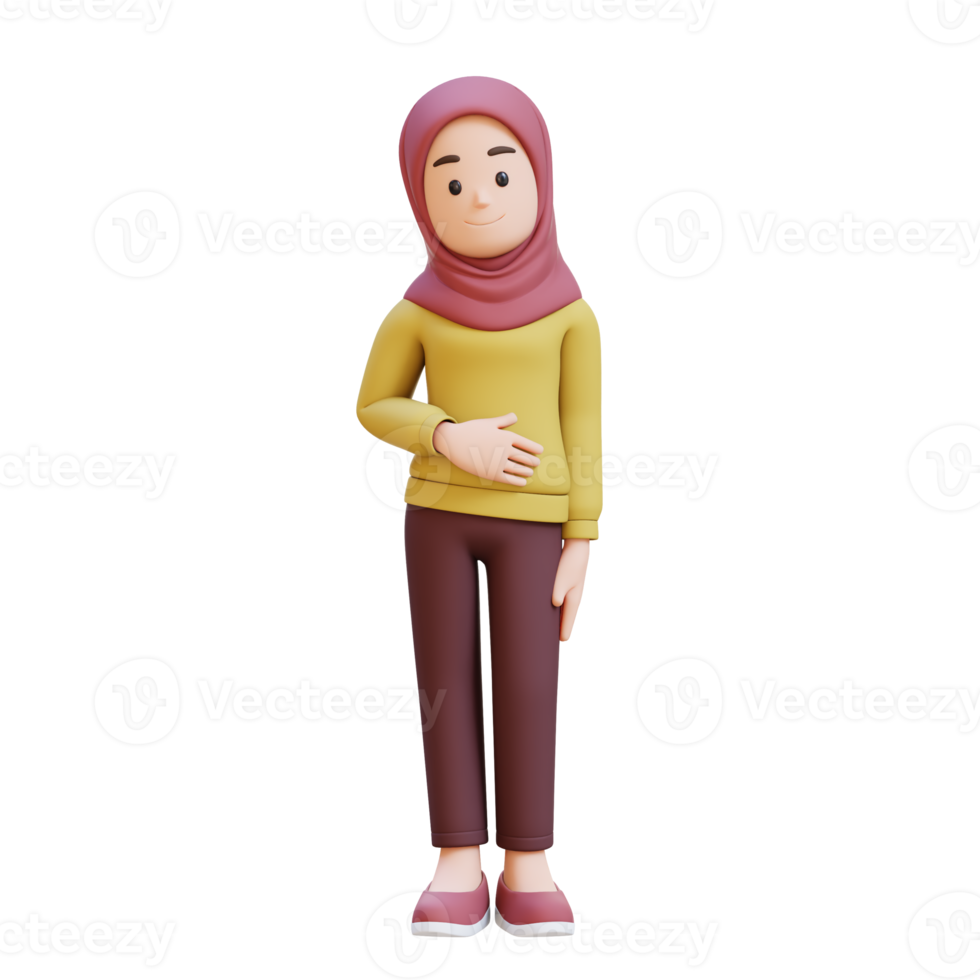 3D muslim girl character with hijab keeps hand on belly feels sick png