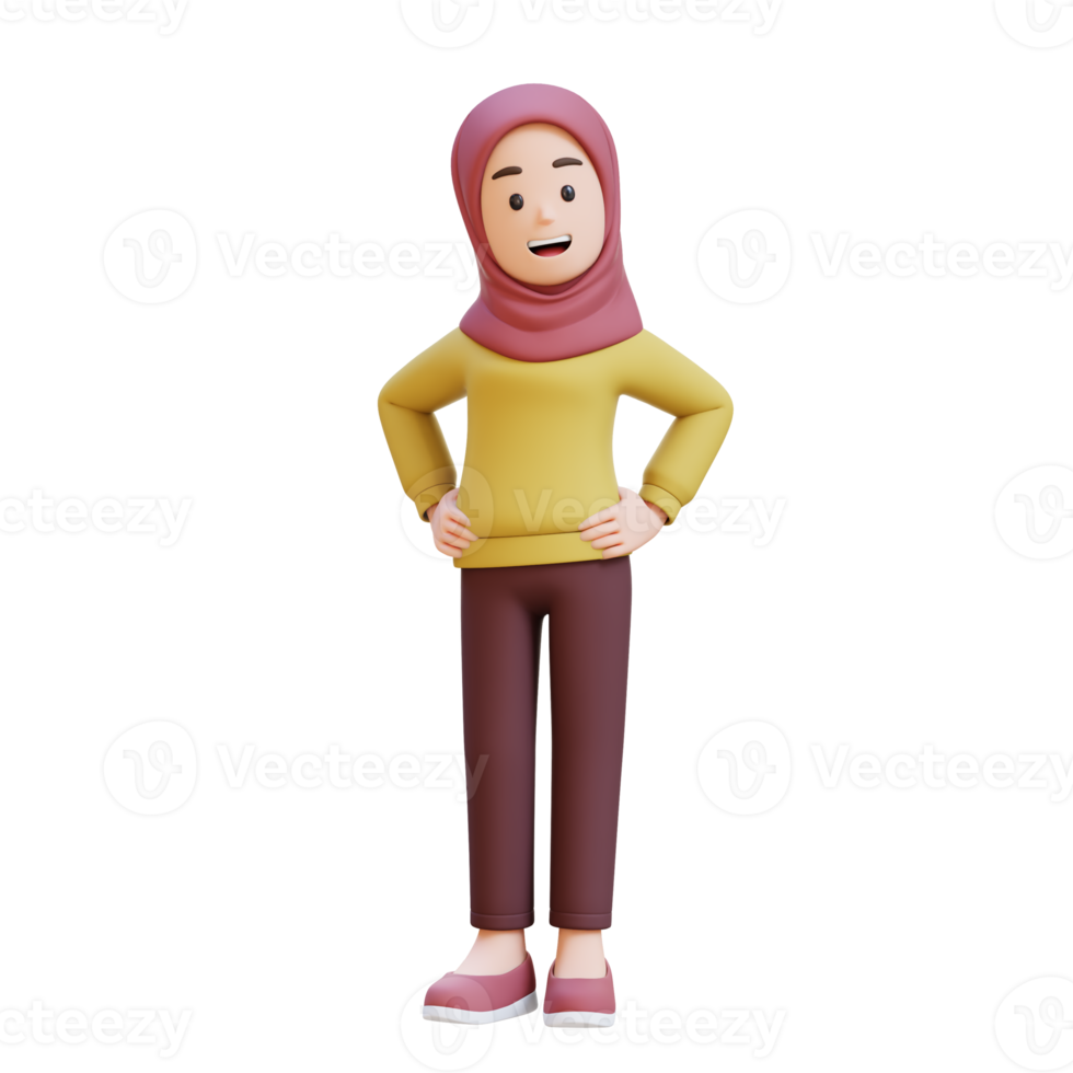 3D muslim girl character with hijab stands with her hand on hip png