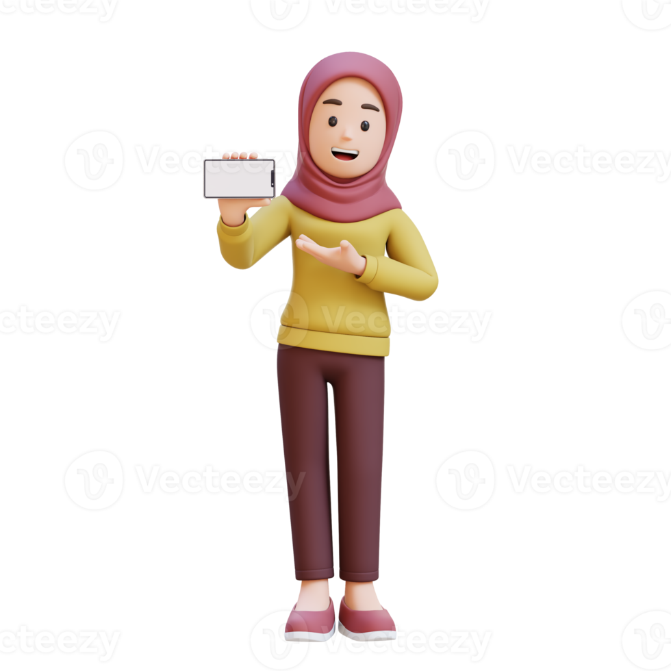 3D muslim girl character with hijab holding and presenting to a smart phone with empty screen png