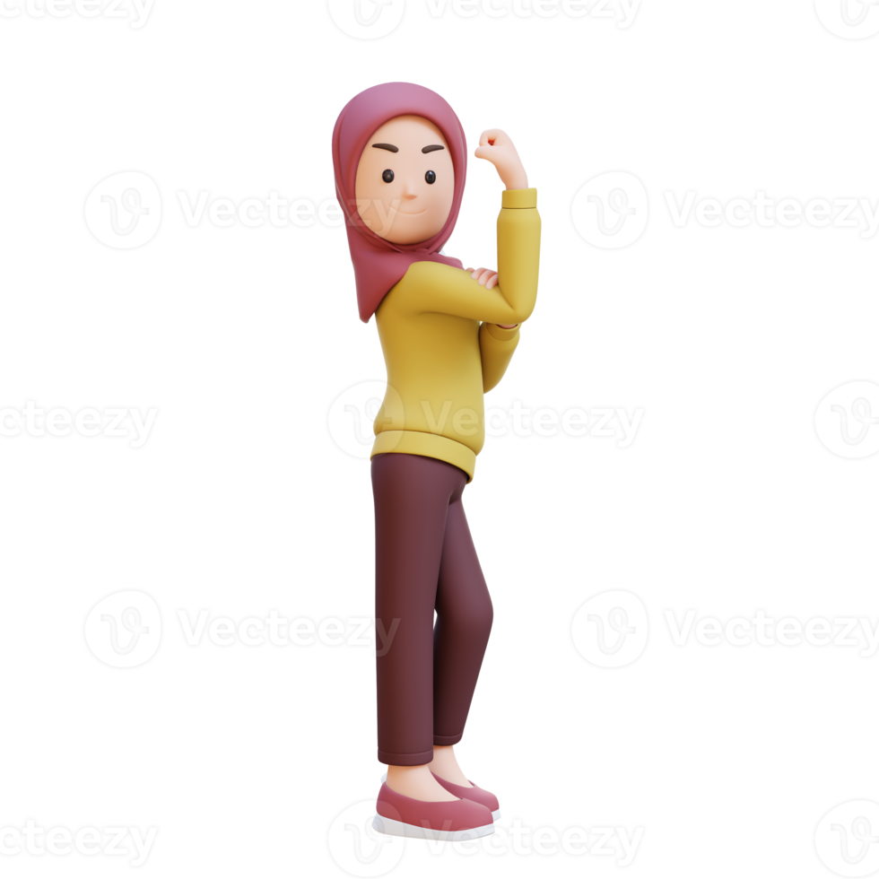 3D muslim girl character with hijab showing strong gesture and smiling proudly png