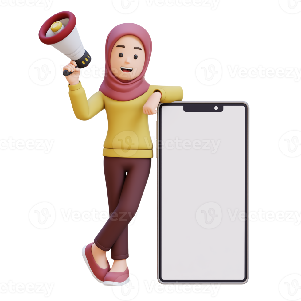 3D muslim girl character with hijab holding a megaphone and standing next to a big cell phone png