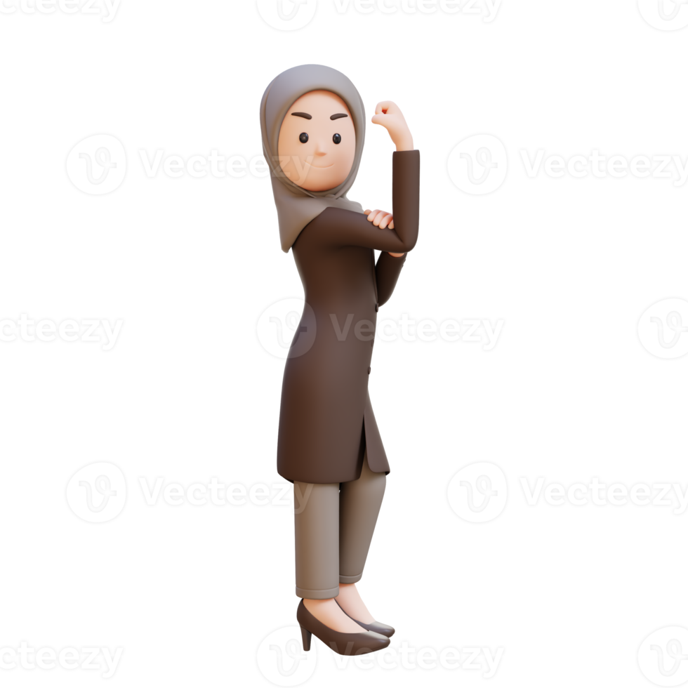 3D muslim business woman character showing strong gesture and smiling proudly png