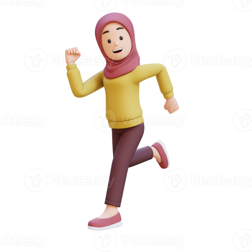 3D muslim girl character with hijab is running in happy png