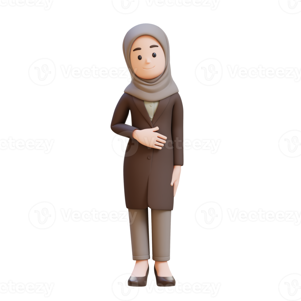 3D muslim business woman character keeps hand on belly feels sick png