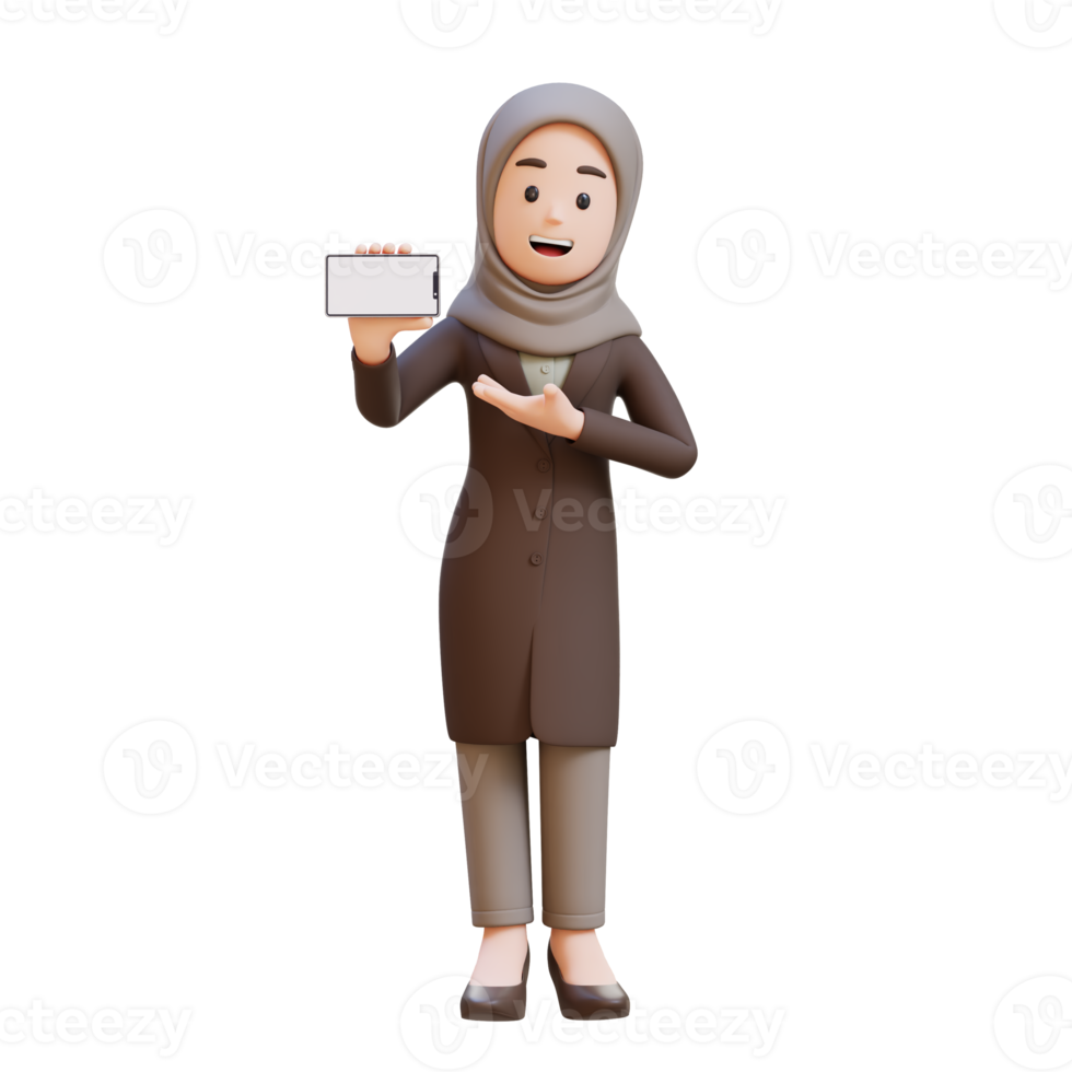 3D muslim business woman character holding and presenting to a smart phone with empty screen png