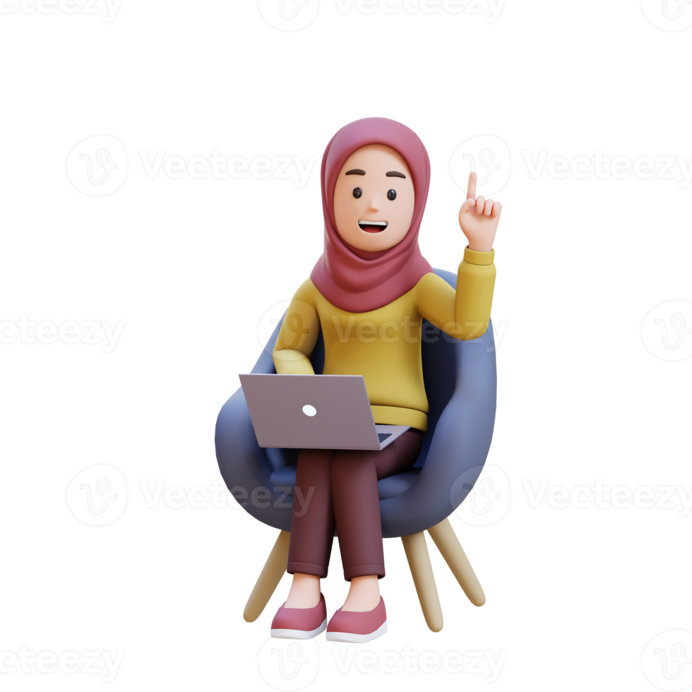 3D muslim girl character with hijab get an idea while sitting on a sofa and working on a laptop png
