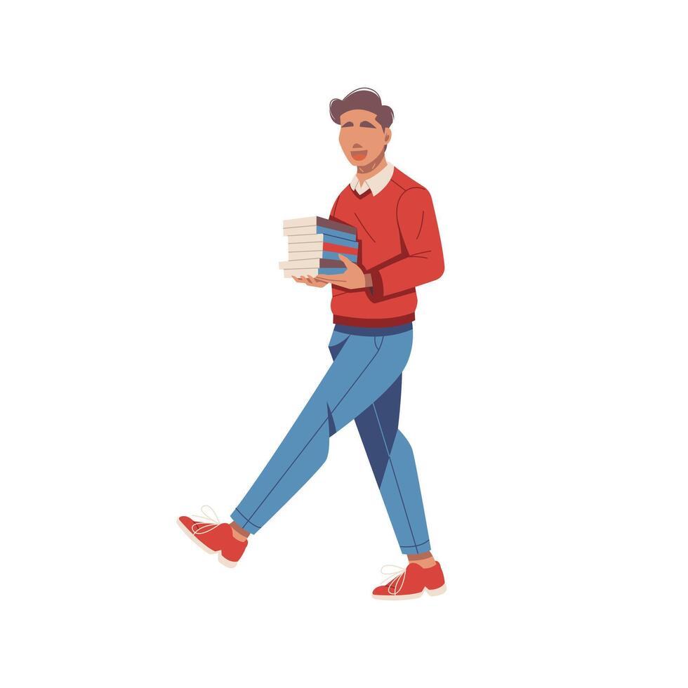 portrait of handsome man walking and carrying a books illustration vector