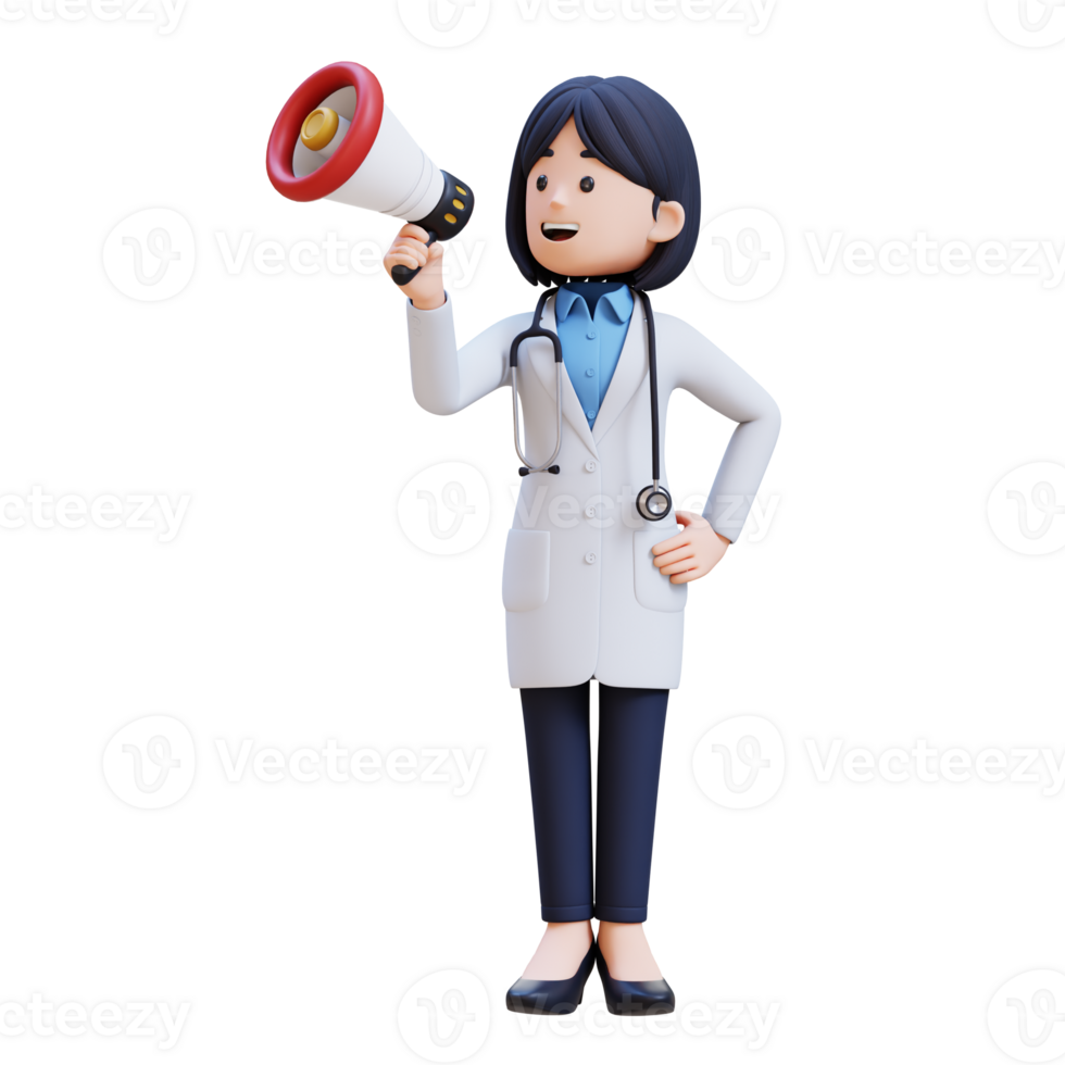 3D Woman Doctor Character in a white lab coat holding a megaphone give speech png