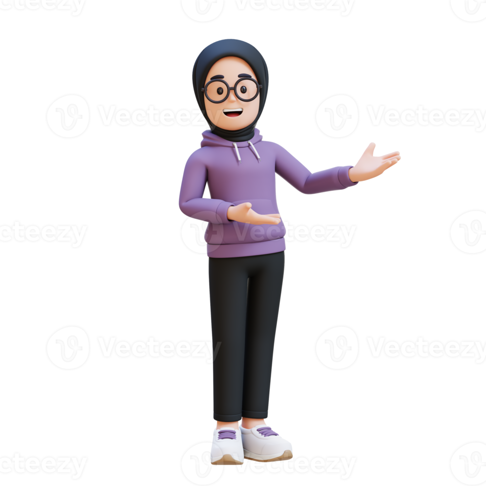 3D render muslim girl character is presenting to the left png