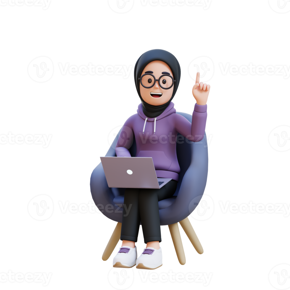3D render muslim girl character get an idea while sitting on a sofa and working on a laptop png