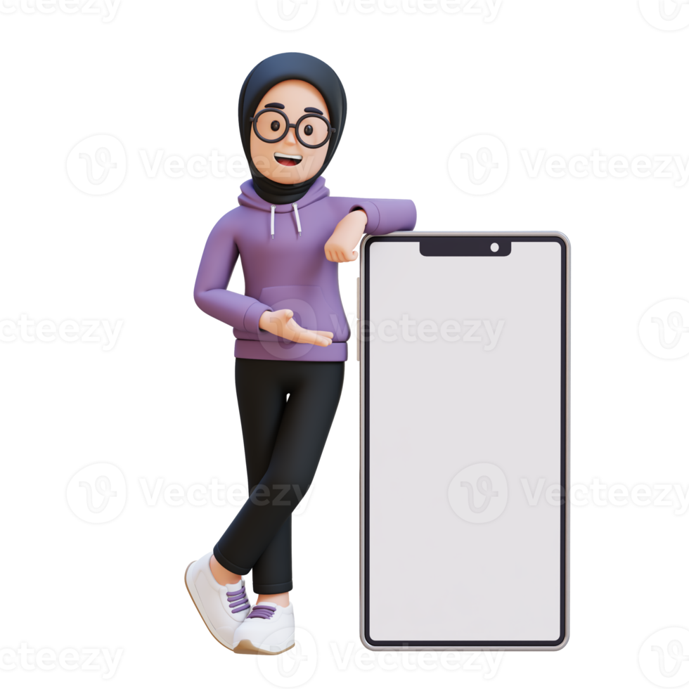 3D render muslim girl character laying and presenting on a big smart phone with empty screen png