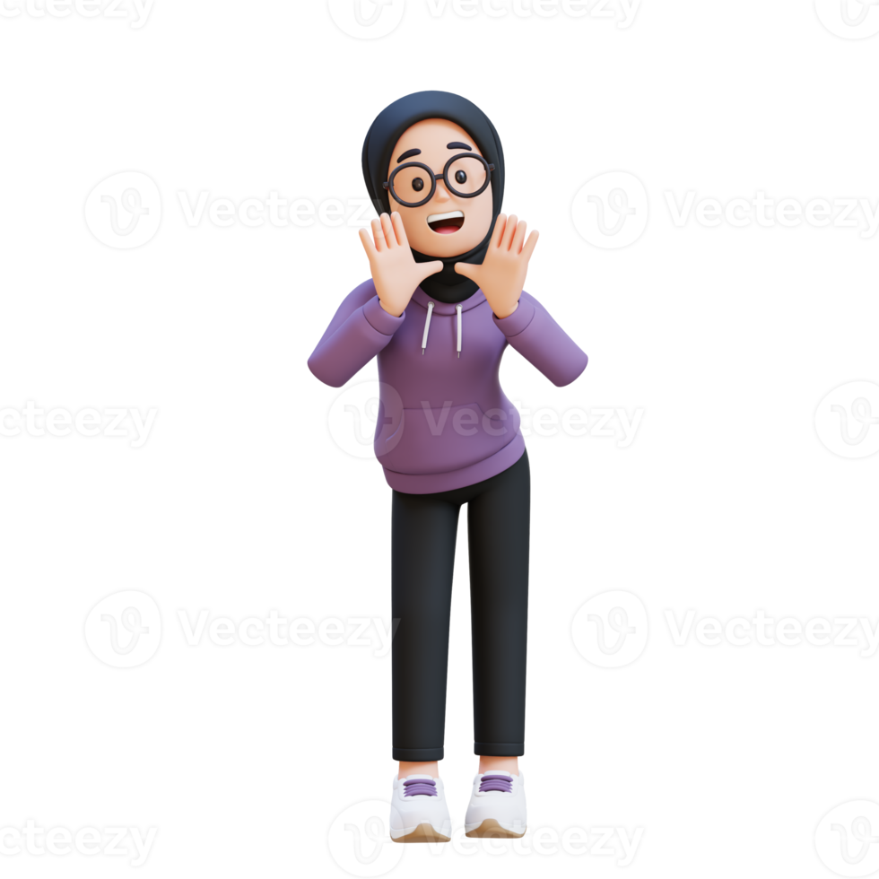 3D render muslim girl character reclines on her hands and shouting png