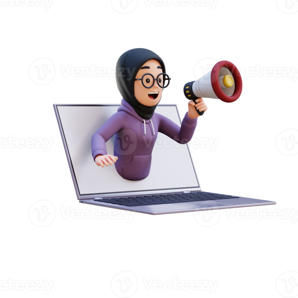 3D render muslim girl character jumping out from computer with a megaphone png