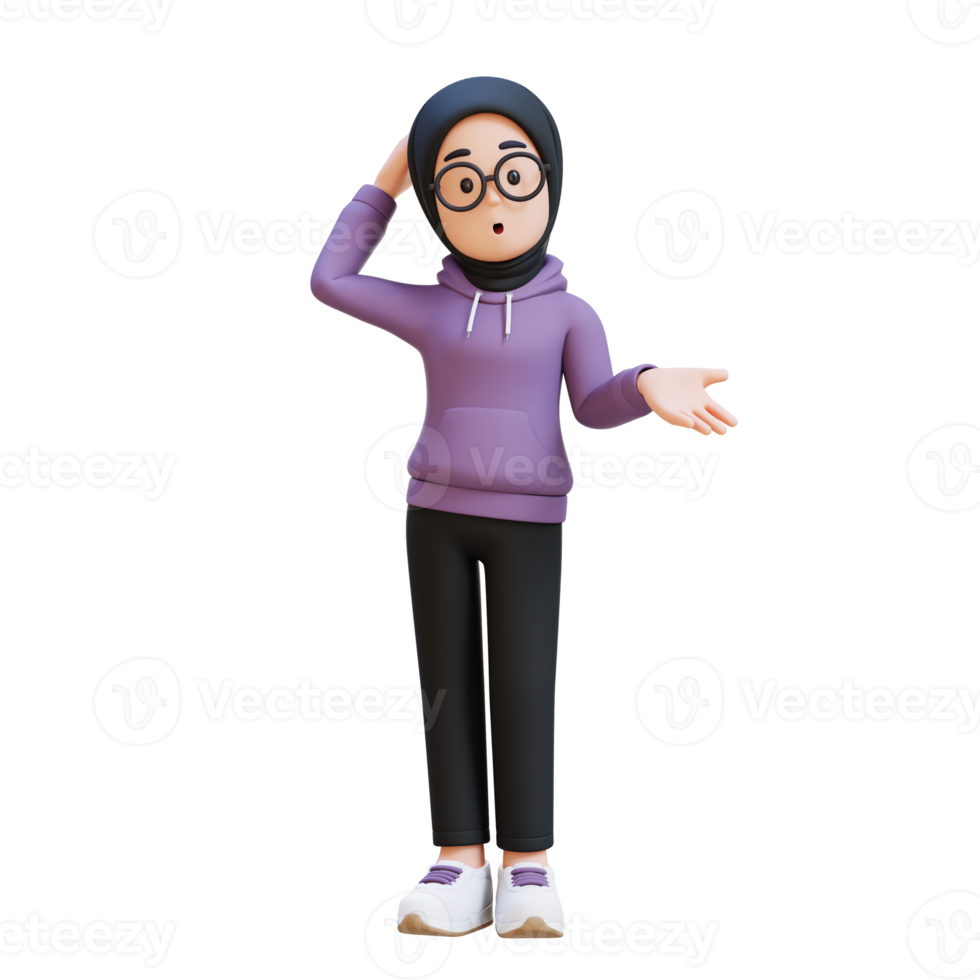 3D render muslim girl character is asking a question png