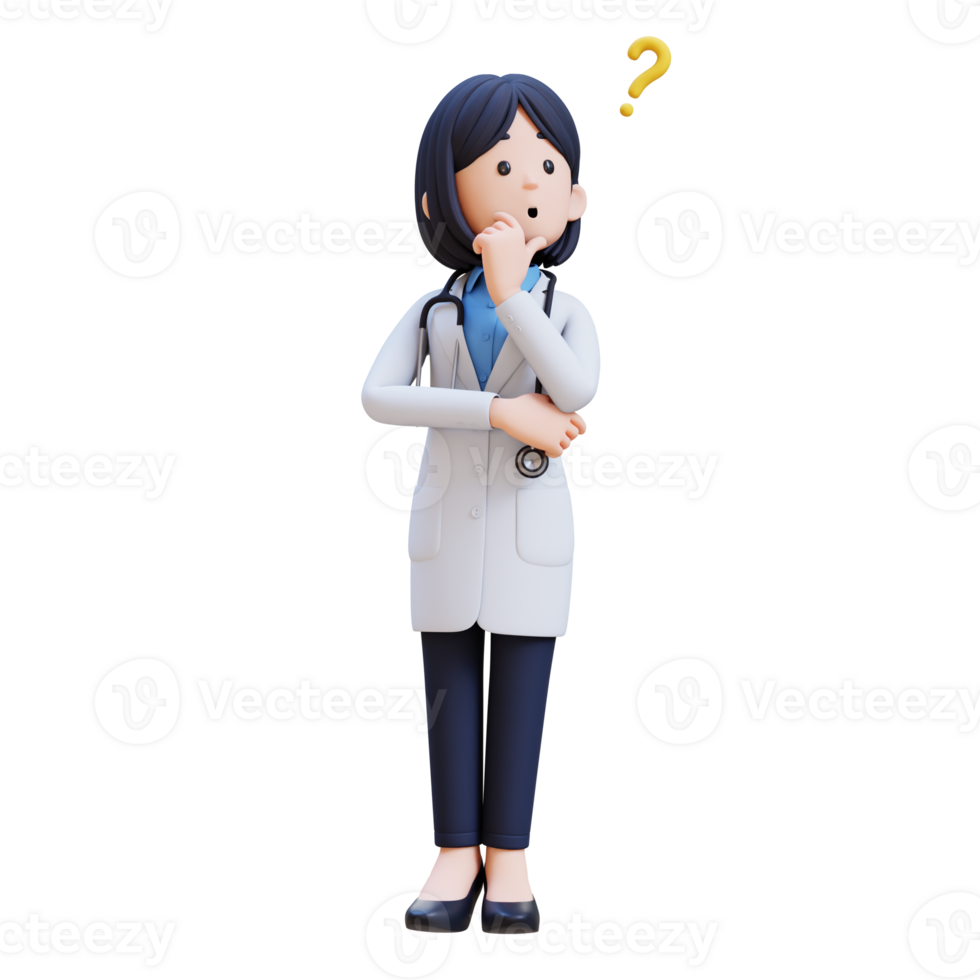 3D Woman Doctor Character in a white lab coat is looking at sky and thinking png