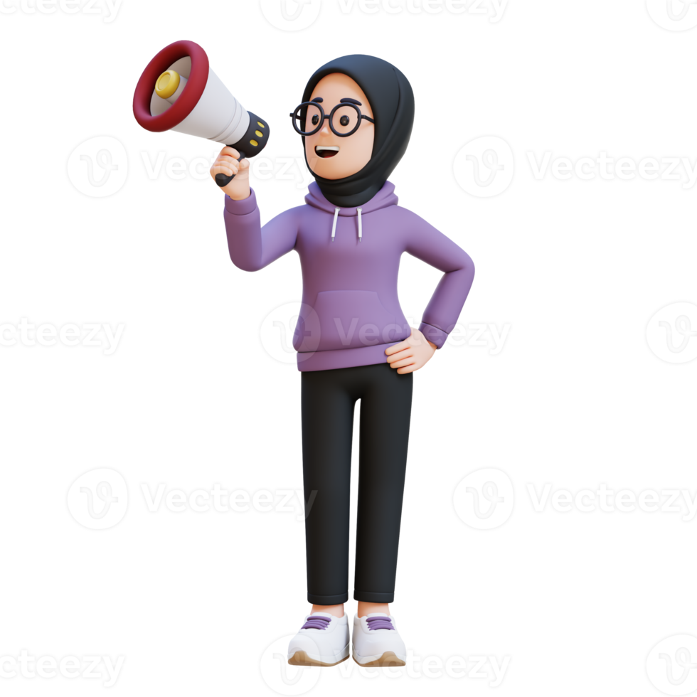 3D render muslim girl character give announcement use megaphone png