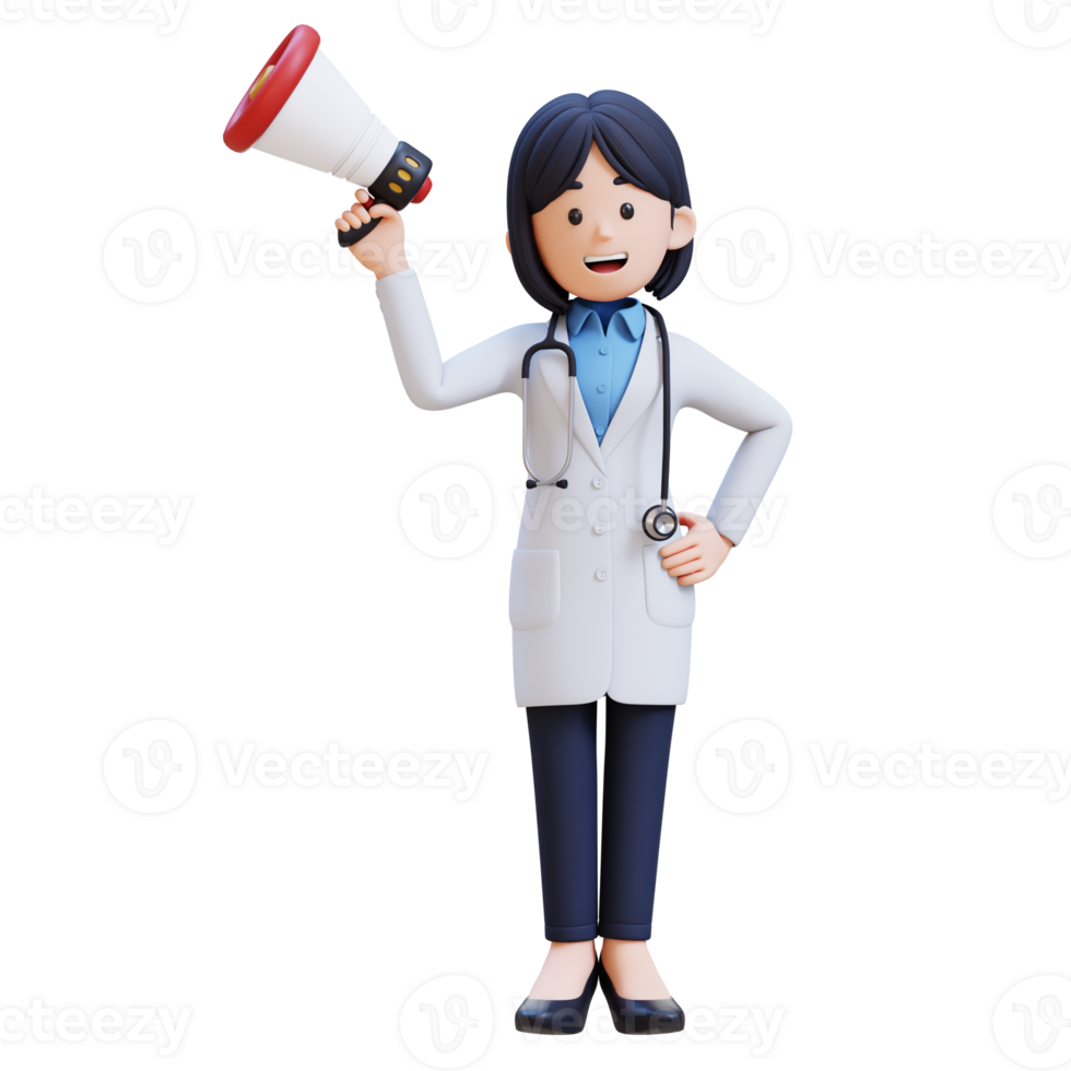 3D Woman Doctor Character in a white lab coat holding up a megaphone png