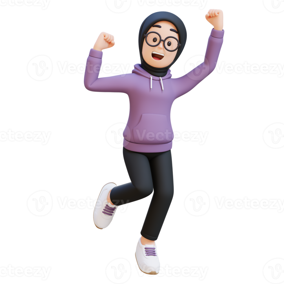 3D render muslim girl character is jumping up with happy and excited png