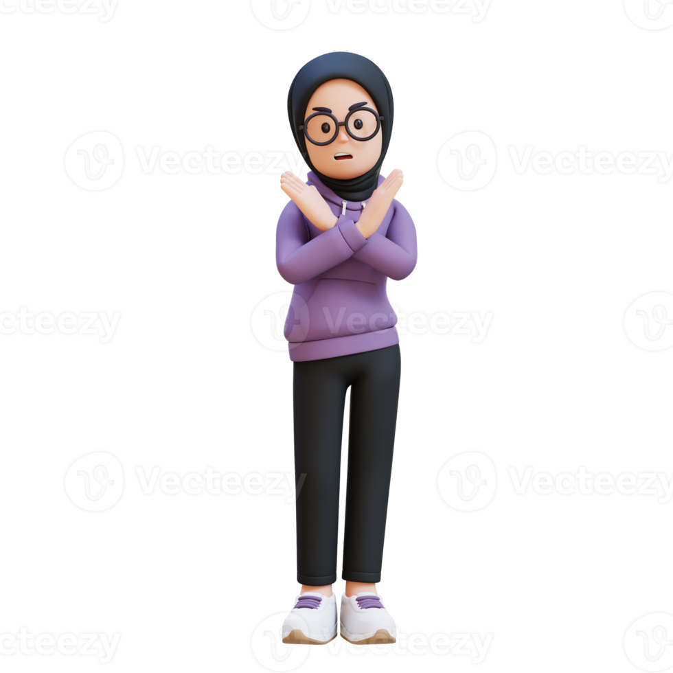 3D render muslim girl character crossing hand showing stop refusal sign png