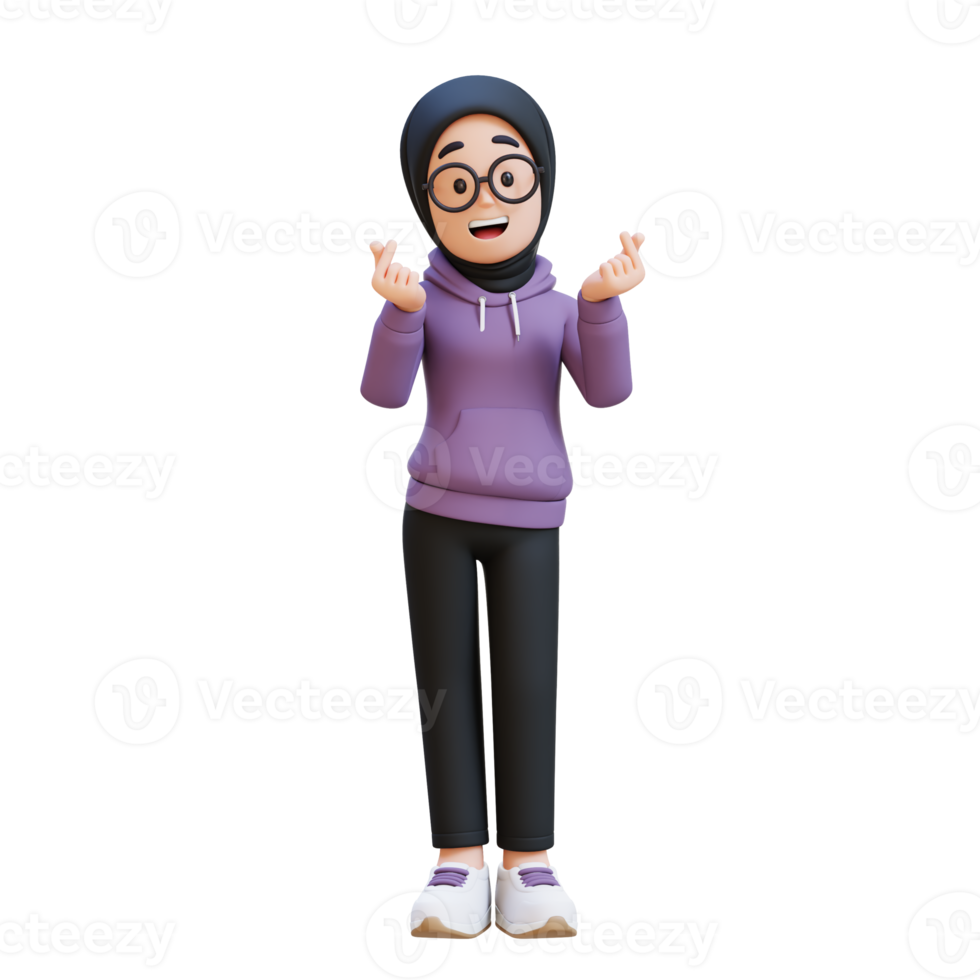 3D render muslim girl character feels happy and romantic shapes heart hand gesture png