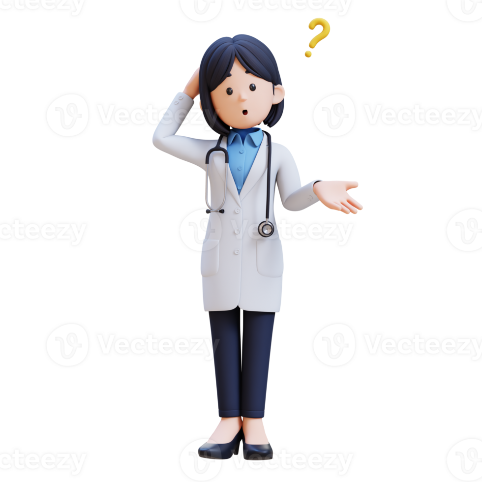 3D Woman Doctor Character in a white lab coat is standing and confuse with question mark png