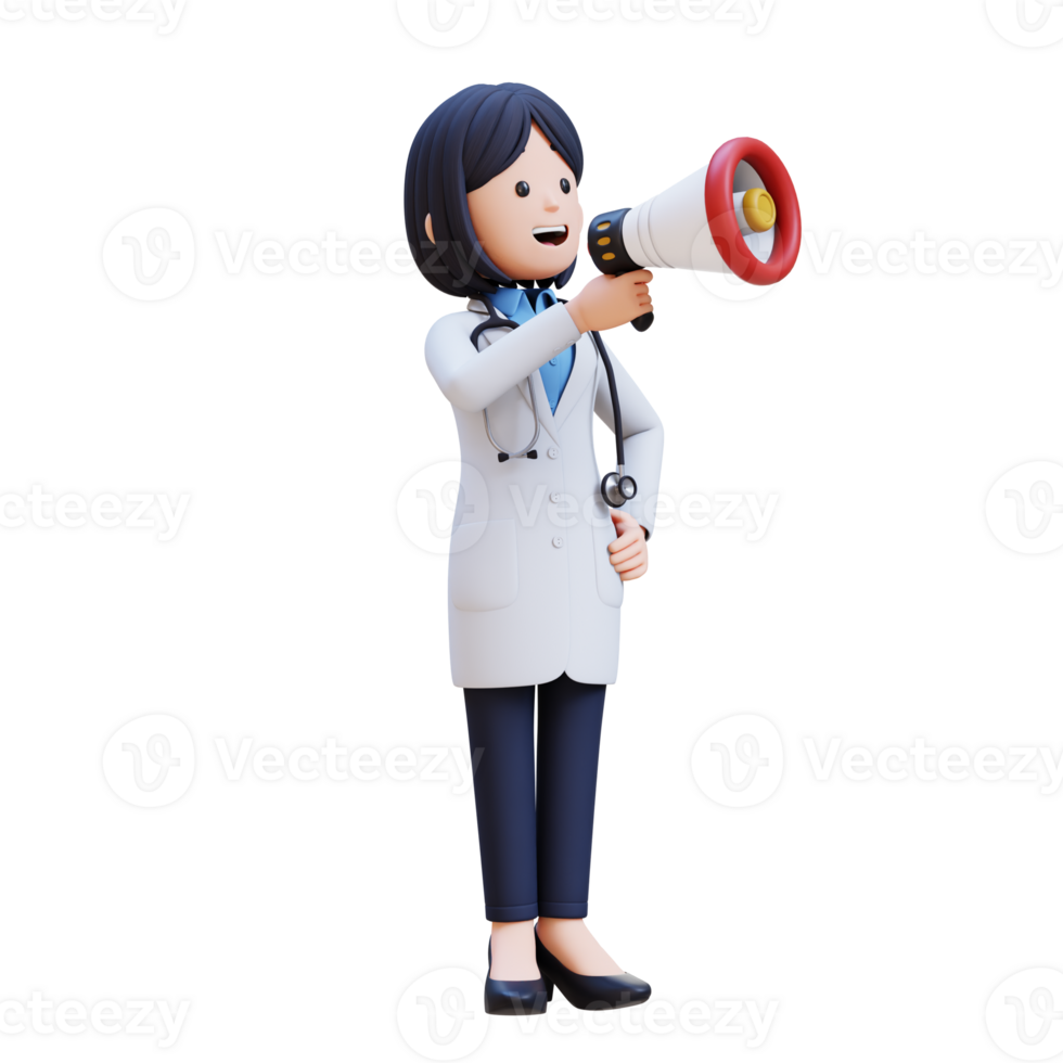3D Woman Doctor Character in a white lab coat shouting with a megaphone png