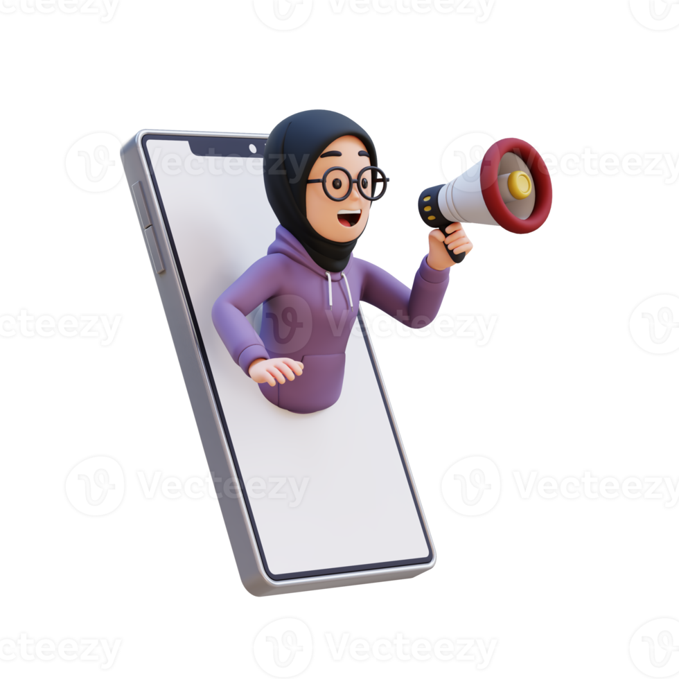 3D render muslim girl character jumping out from smart phone with a megaphone png