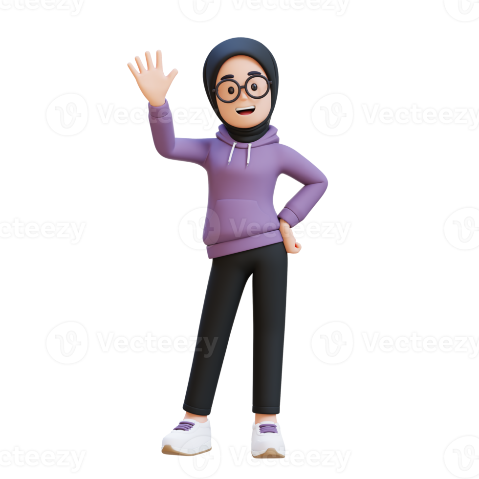 3D render muslim girl character is waving saying hello png