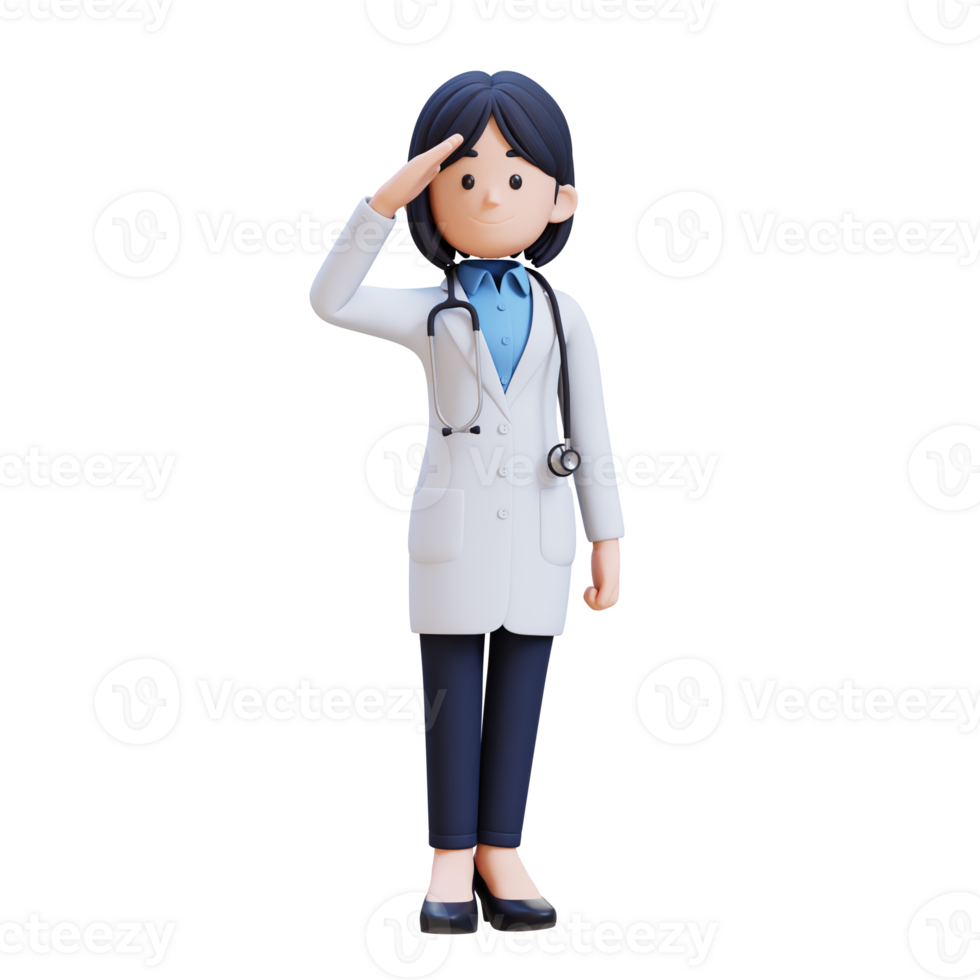 3D Woman Doctor Character in a white lab coat is standing and saluting png