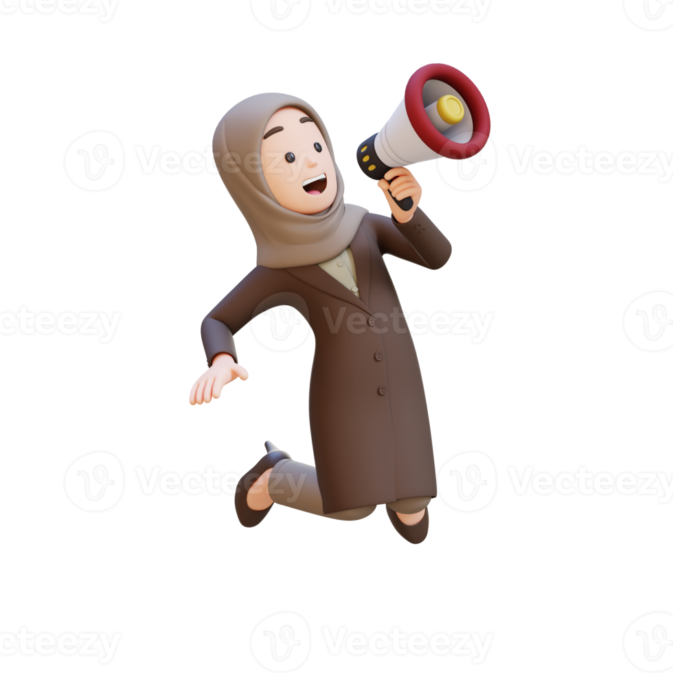 3D muslim business woman character is holding a megaphone and jumping png