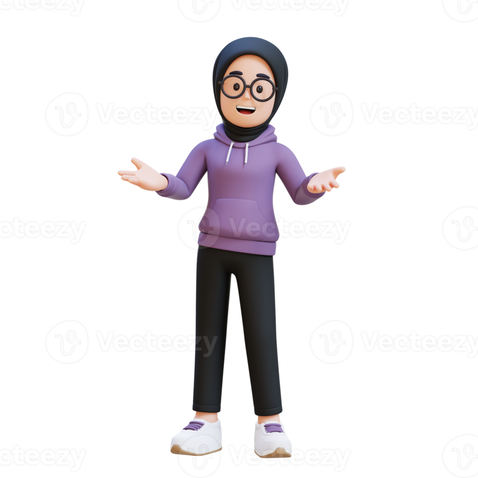 3D render muslim girl character is standing with giving a presentation gesture png
