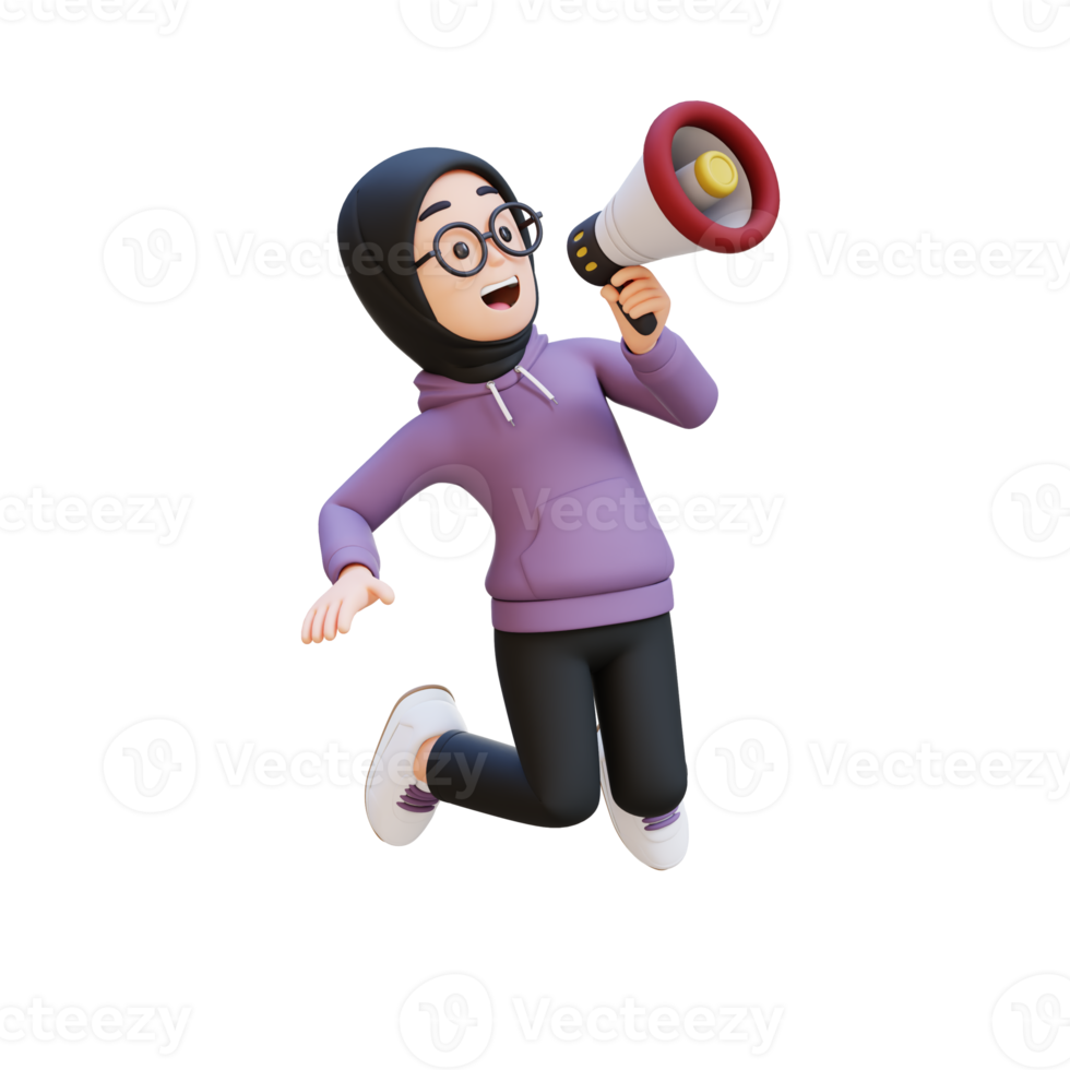 3D render muslim girl character is holding a megaphone and jumping png