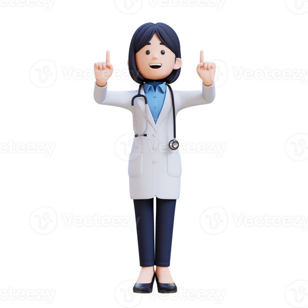 3D Woman Doctor Character in a white lab coat is pointing up png
