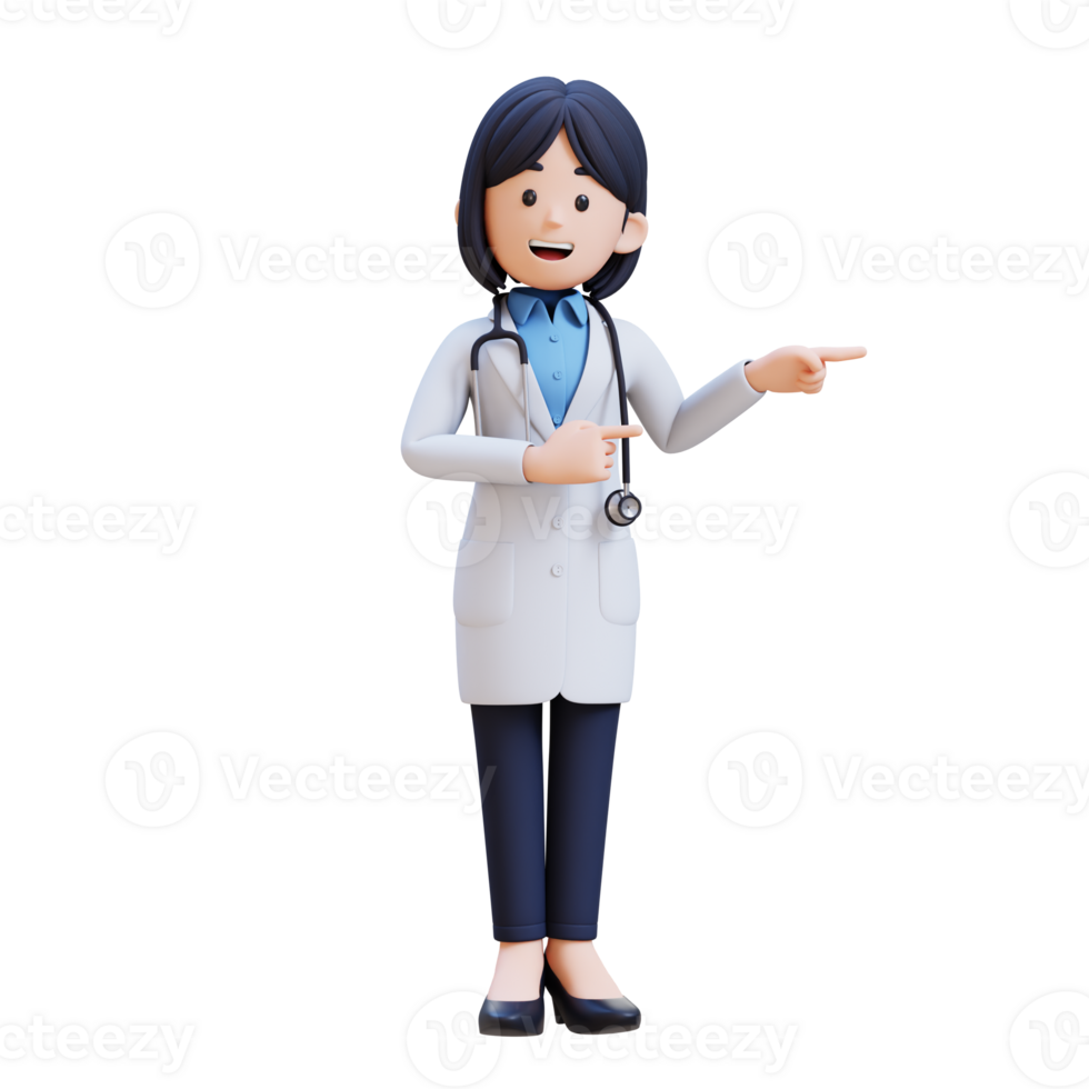 3D Woman Doctor Character in a white lab coat points to something png