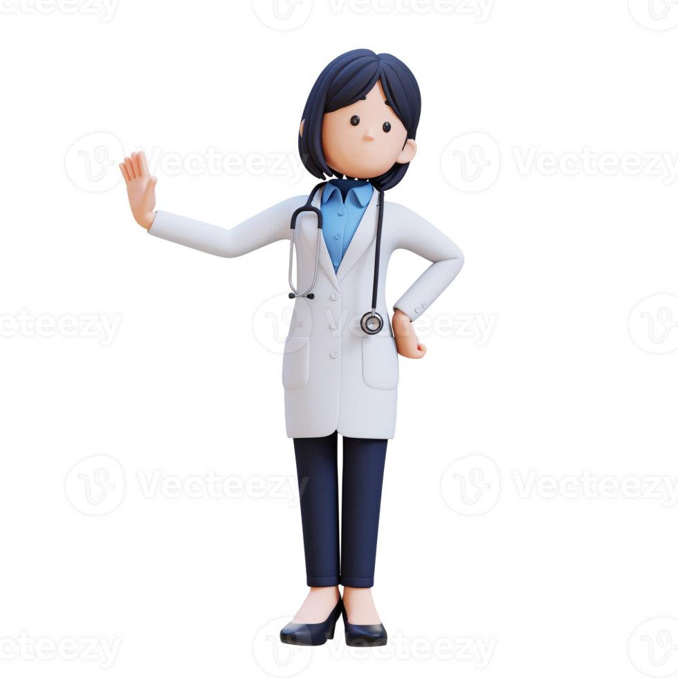 3D Woman Doctor Character in a white lab coat is standing refusing with stopping gesture png