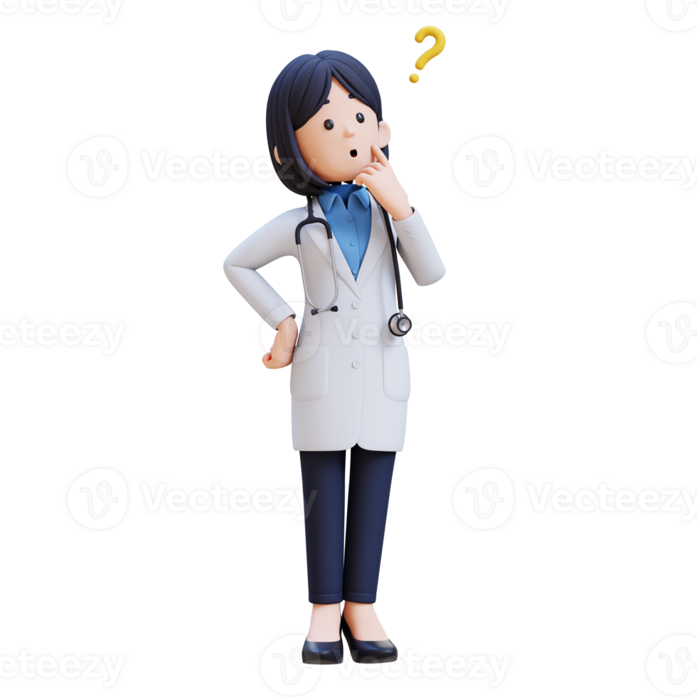 3D Woman Doctor Character in a white lab coat is looking at something and thinking png