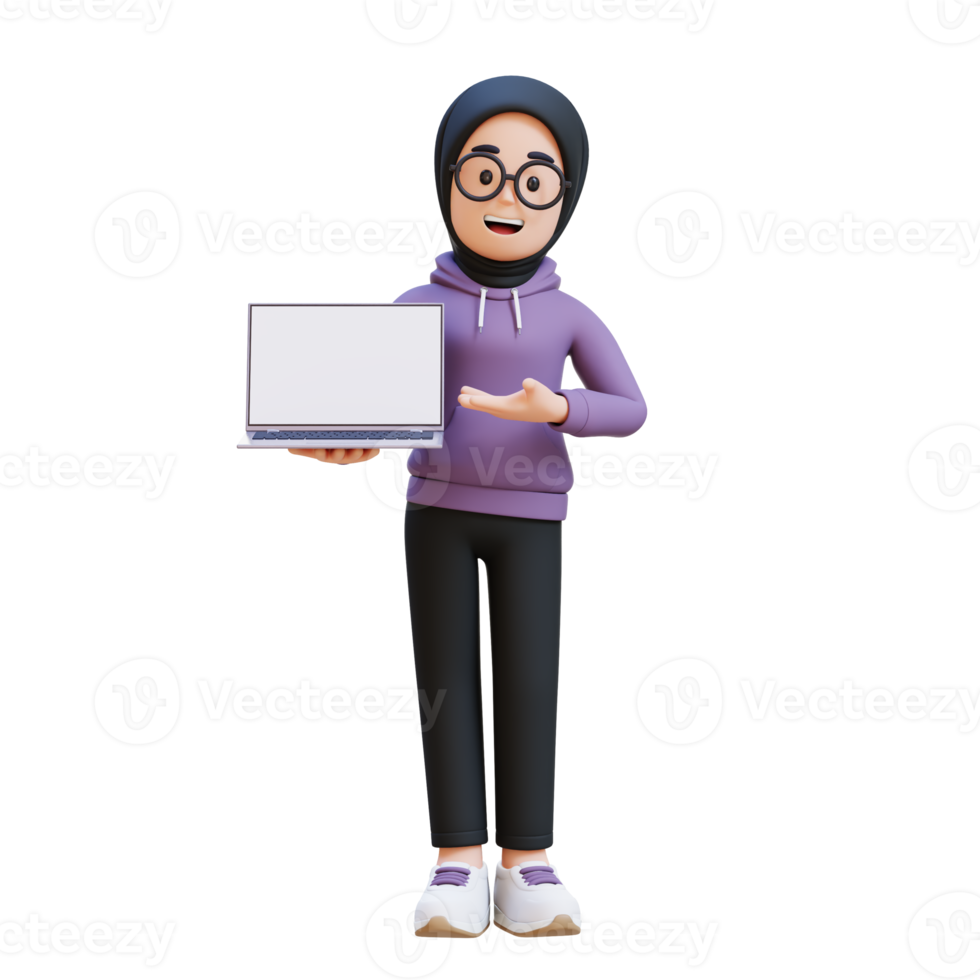 3D render muslim girl character holding and presenting to a laptop with empty screen png